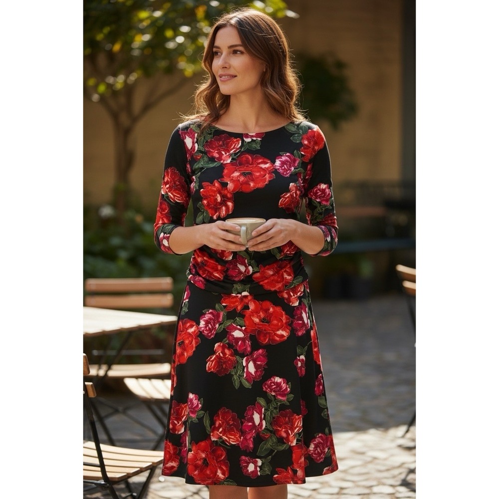 Enfocus Studio Black Red Floral Fit & Flare Knee Length Dress Size 8 Half Sleeve